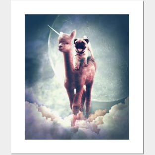 Funny Space Pug Riding On Alpaca Unicorn Posters and Art